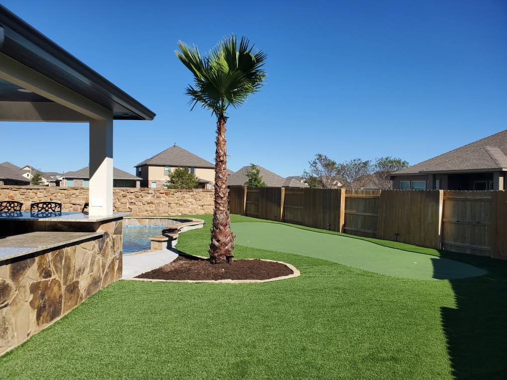 A green lawn with a pool and a tree.