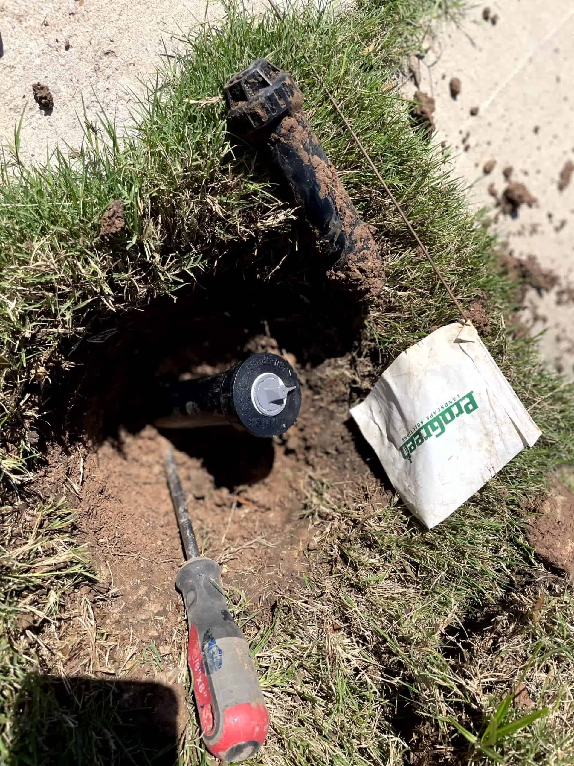 Clogged or broken sprinkler heads should be replaced during irrigation repair. 