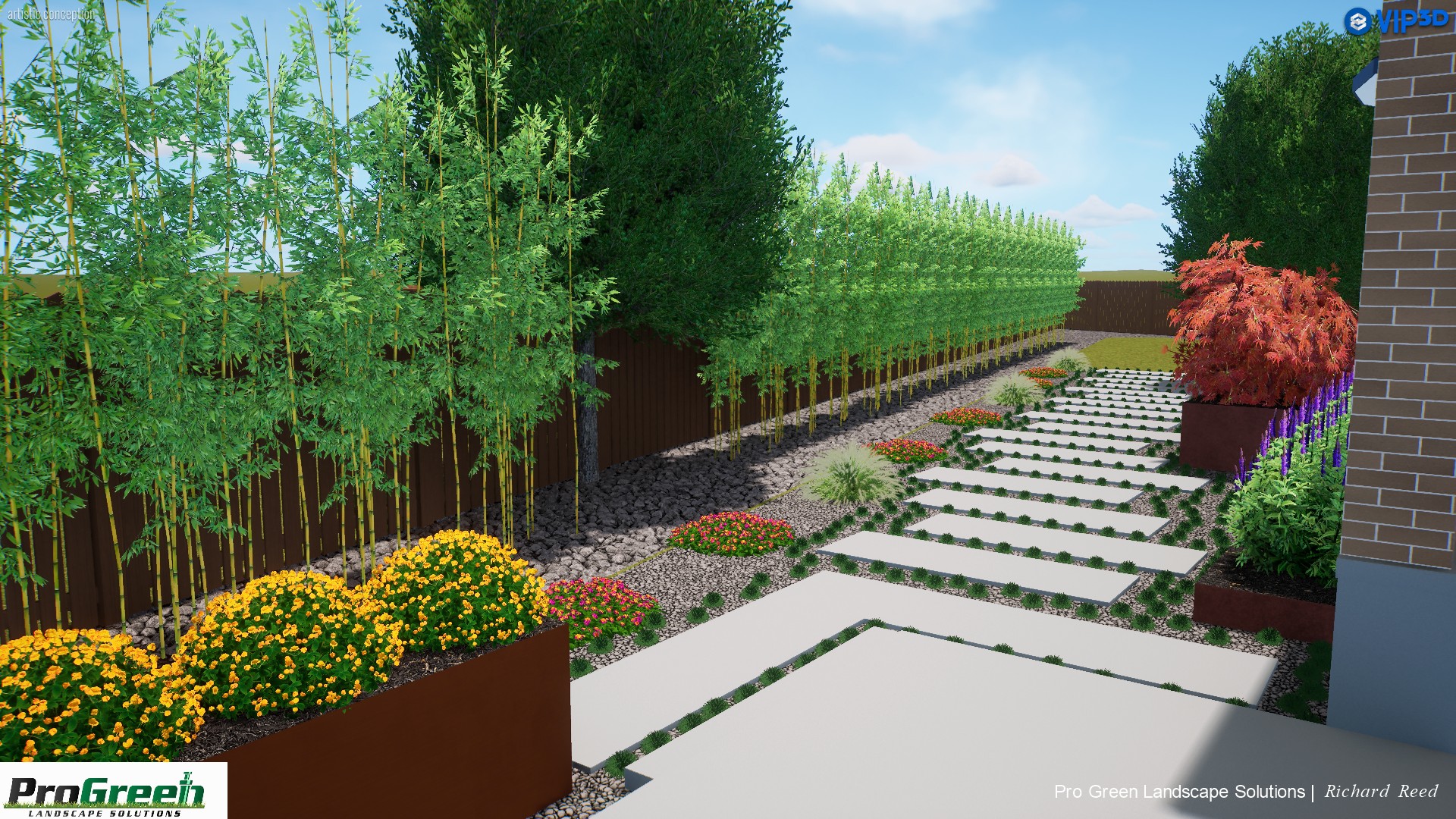 3D landscape design featuring bamboo privacy screen, colorful plant beds, and modern stepping stone path along a fenced yard.