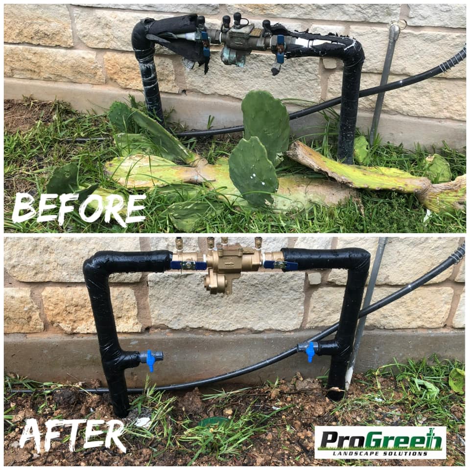 Before and after photo of our irrigation repairs.