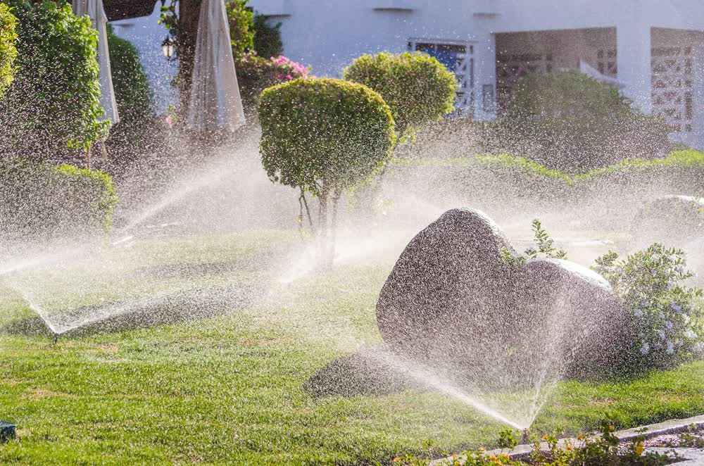 Multiple sprinklers showering a lush green lawn.