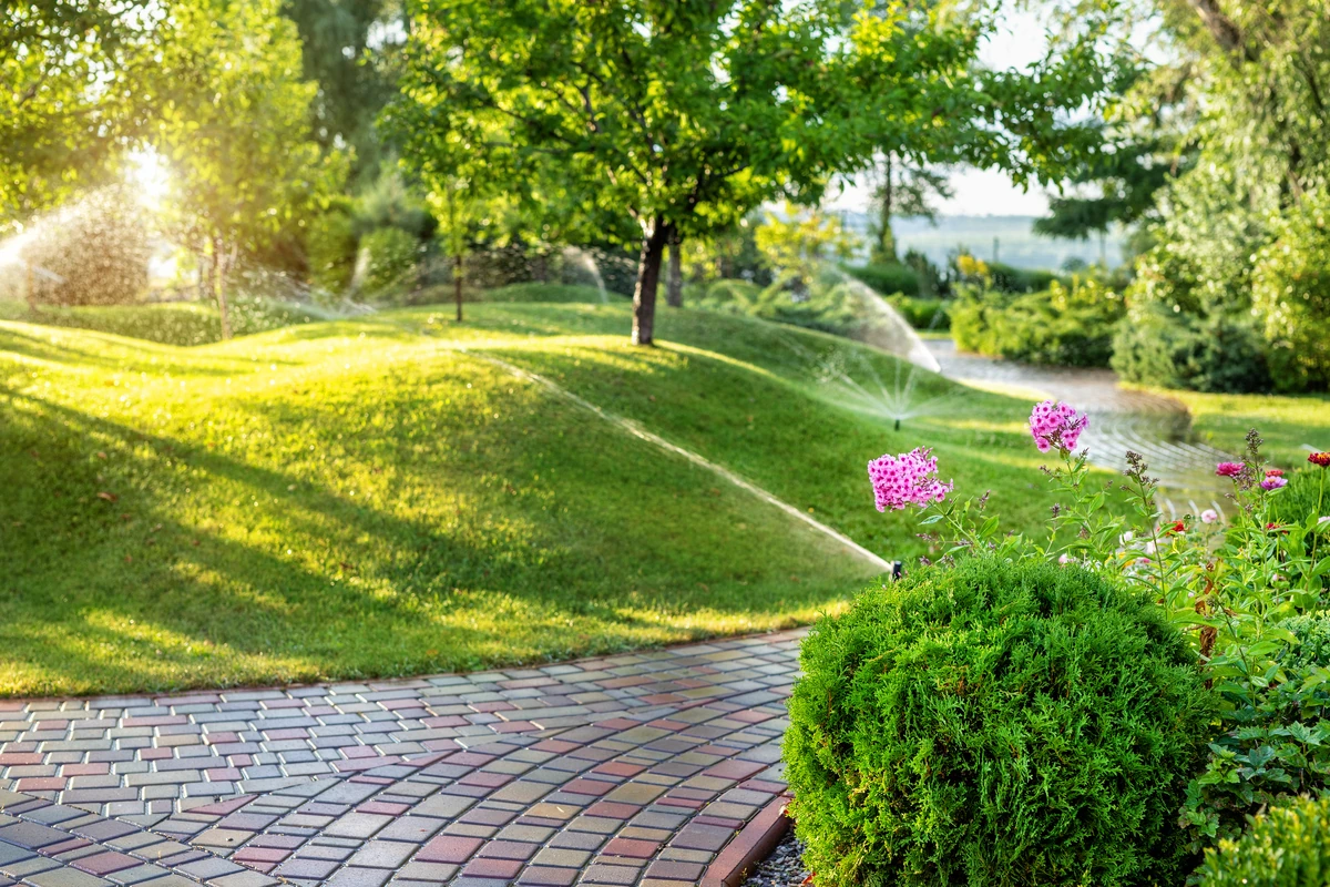 Multiple Hunter systems irrigation heads watering a landscaped yard with rolling hills and blooming flowers.
</

