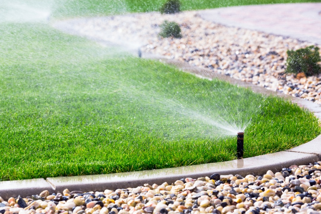 Automatic sprinkler watering a lush green lawn next to a pebble-lined garden bed, ensuring even grass hydration.